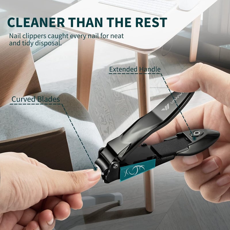 VANWIN Nail Clippers with Catcher, No Splash Fingernail Toenail Clippers with Sharp Curved Blade and Glass Nail File, Wide Jaw Opening Stainless Steel Nail Cutter Trimmer for Seniors Adult Men Women - Image 5